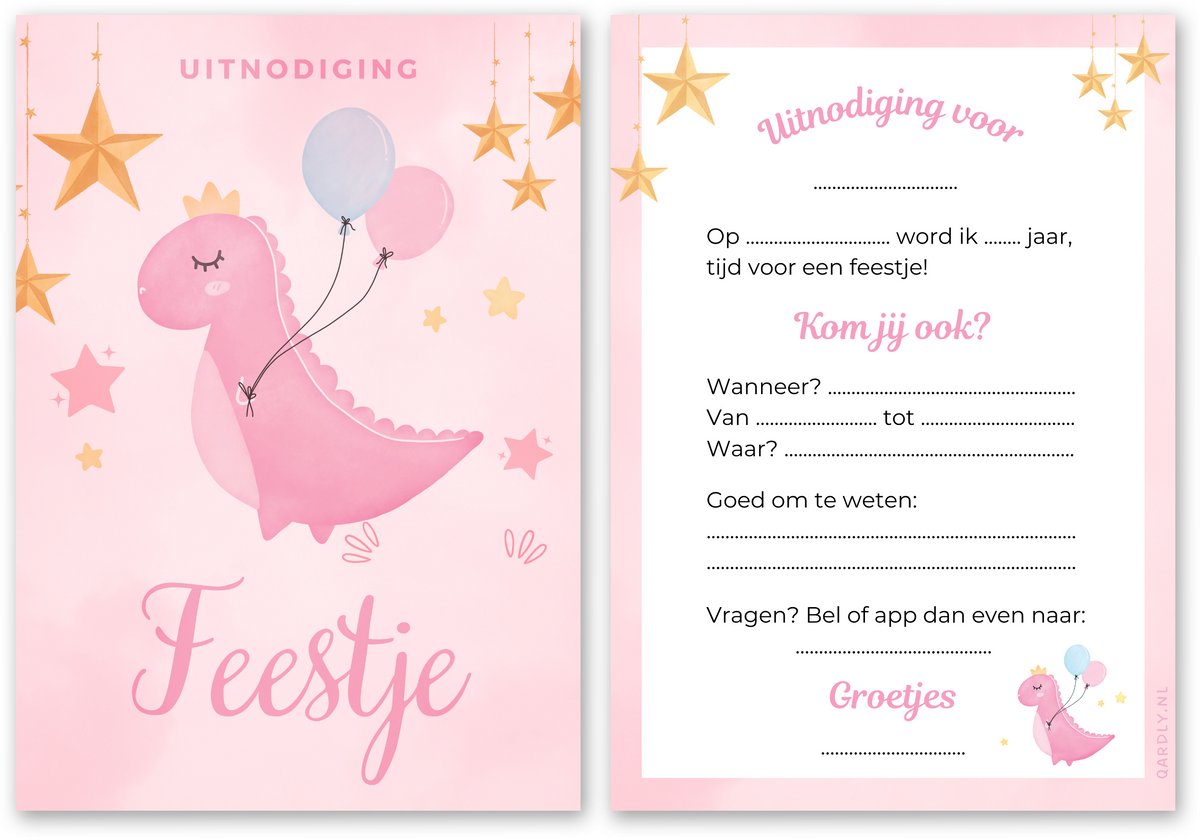 Uitnodiging kinderfeestje dinosaurus meisje - 10 stuks - Uitnodiging verjaardag - Inclusief enveloppen - Uitnodiging dinofeestje - Dinosaurus feestje