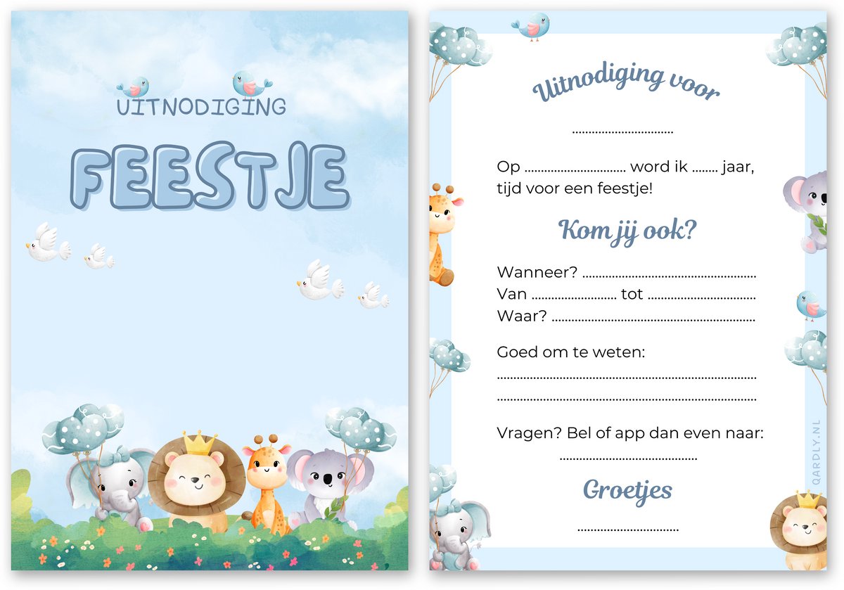 Uitnodiging kinderfeestje jungle - 10 stuks - Uitnodiging verjaardag - Inclusief enveloppen - Uitnodiging jungle safari dieren