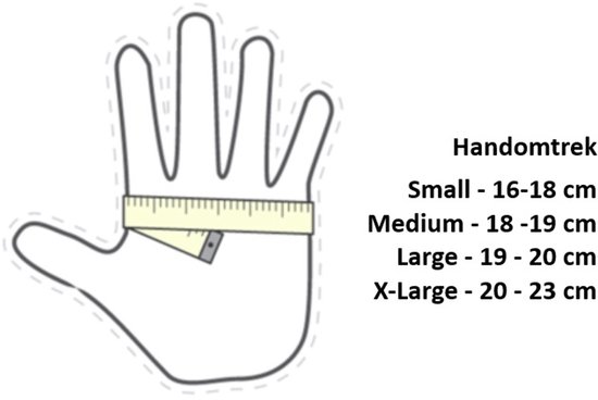 Schematische weergave van een hand met een meetlint om de omtrek te meten, met maattabel: Small 16-18 cm, Medium 18-19 cm, Large 19-20 cm, X-Large 20-23 cm.