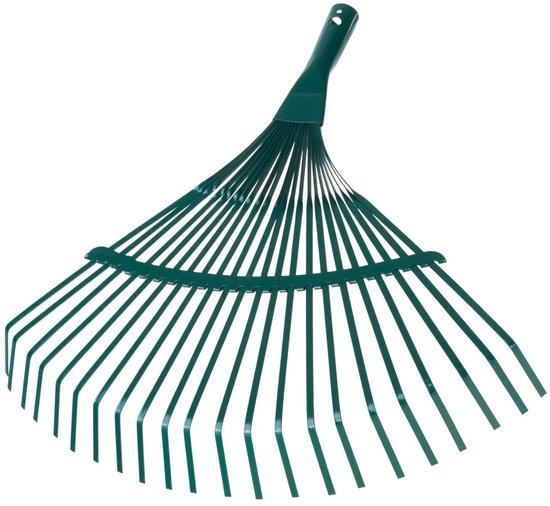 Groene metalen hark met 22 flexibele stalen tanden in waaiervorm, 44x39 cm.