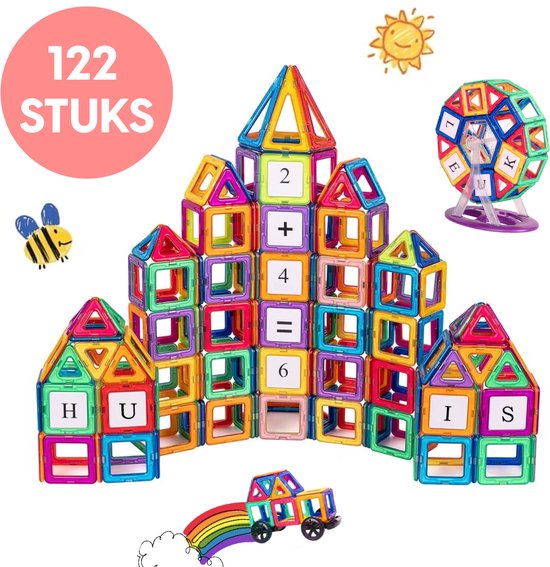 Magnetisch speelgoed - Magnetic Tiles - 122 stuks - Magnetische bouwstenen - Inclusief Reuzenrad en Auto - Bouwstenen - Educatief Speelgoed - Constructie speelgoed - Magnetische Tegels - Montessori Speelgoed - Speelgoed Kinderen