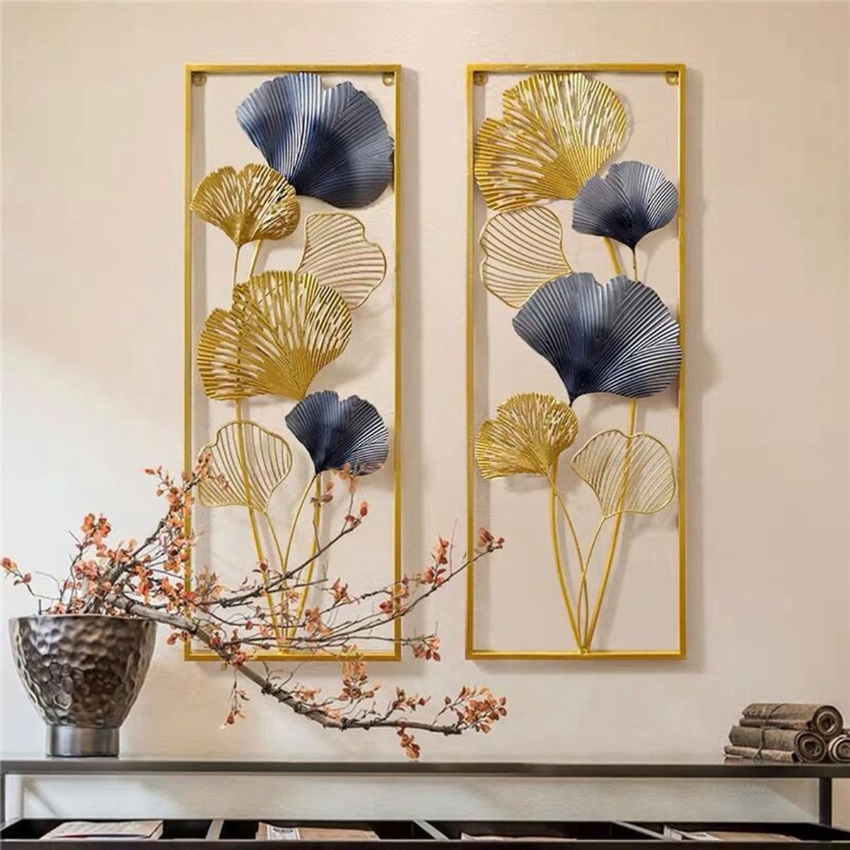 Asaam 3d Wanddecoratie- Ginkgo Bladeren Metalen- Woonkamer- Eetkamer-Slapkamer- Goud Kleuren 85 × 31Cm