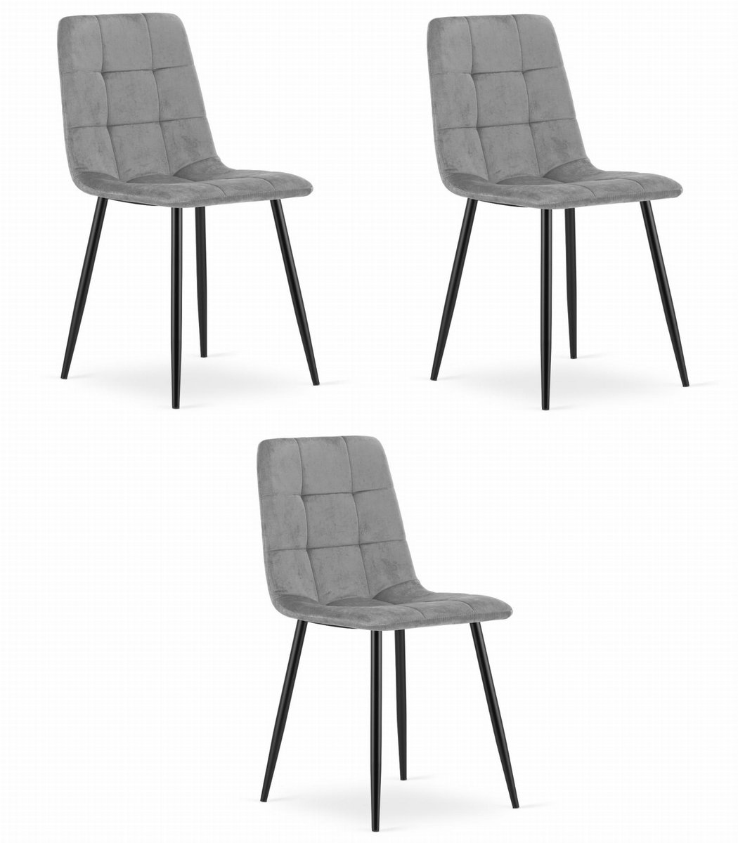 LEOBERT Set van 3 Eetkamerstoelen KARA Lichtgrijs – Velvet Bekleding, Ergonomisch Design, Zwarte Metalen Poten, Comfortabele Zitting, Max. 120 kg