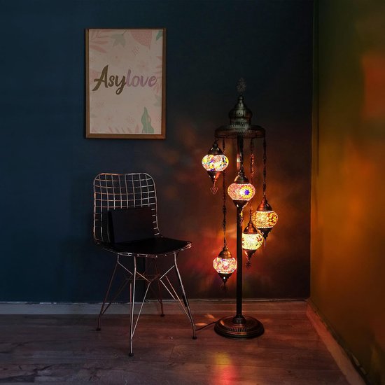 Handmade Turkse lamp - vloerlamp met 5 bollen - mozaïek - multicolour - unieke decoratie1