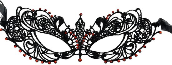 Kanten masker - met schitterende rode strass steentjes - Ook masker voor brildragers - gala masker - Venetiaans masker vrouw - masquerade masker - oogmasker carnaval - carnaval maskers