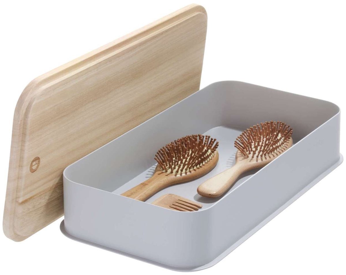 iDesign - Opbergbox met Deksel, 21.3 x 43 x 7.6 cm, Paulownia Hout, Grijs - iDesign Eco Storage