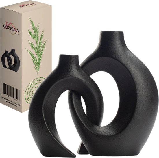 COZELLA® Vaas Duo – Bloemenvaas Keramische Vaas Set – Decoratieve Vaas – Zwart