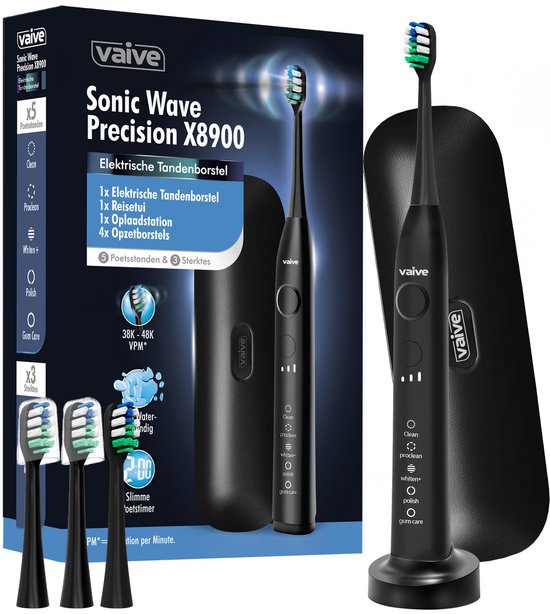 Vaive Sonic Wave Precision X8900 Elektrische Tandenborstel - 48000 VPM - 5 Standen, 3 Niveaus - 4 Borstelkoppen & Reisetui