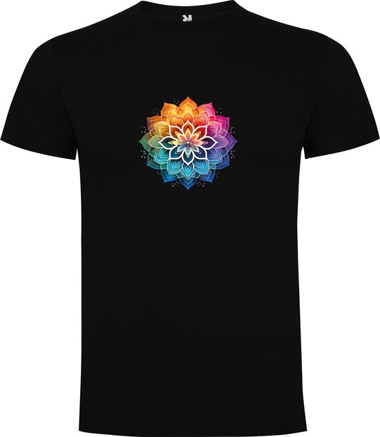 Zwart T-Shirt met Kleurrijke print “ LotusBloem in Chakra kleuren - Zen – Meditatie – Zelfzorg “ Print Full Color Maat L