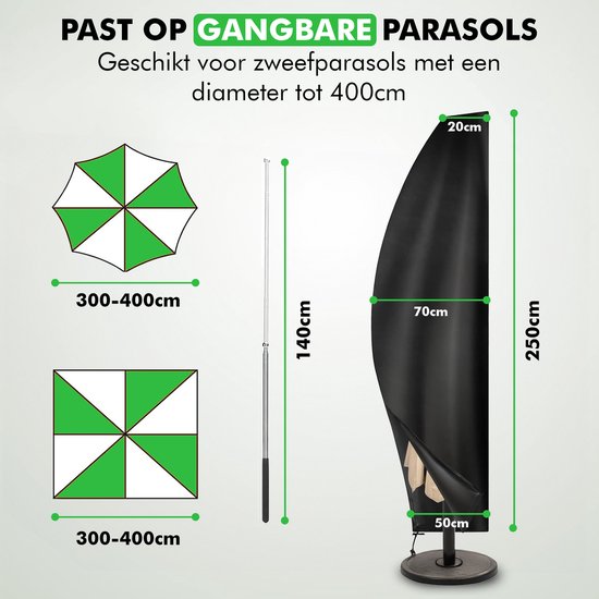 Afmetingen en illustraties van een zwarte parasolhoes voor zweefparasols tot 400cm.