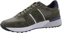 Groene PME Legend sneaker met witte strepen op de zijkant, witte zool en donkerblauwe hiel.