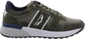 Groene PME Legend sneaker met witte strepen, witte zool en donkerblauwe details bij de hiel.
