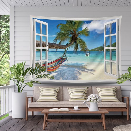 Ulticool View Beach Sea Palm Tree - Affiche Tapisserie - 200x150 cm - Groot tapisserie - Affiche Jardin Tapisserie