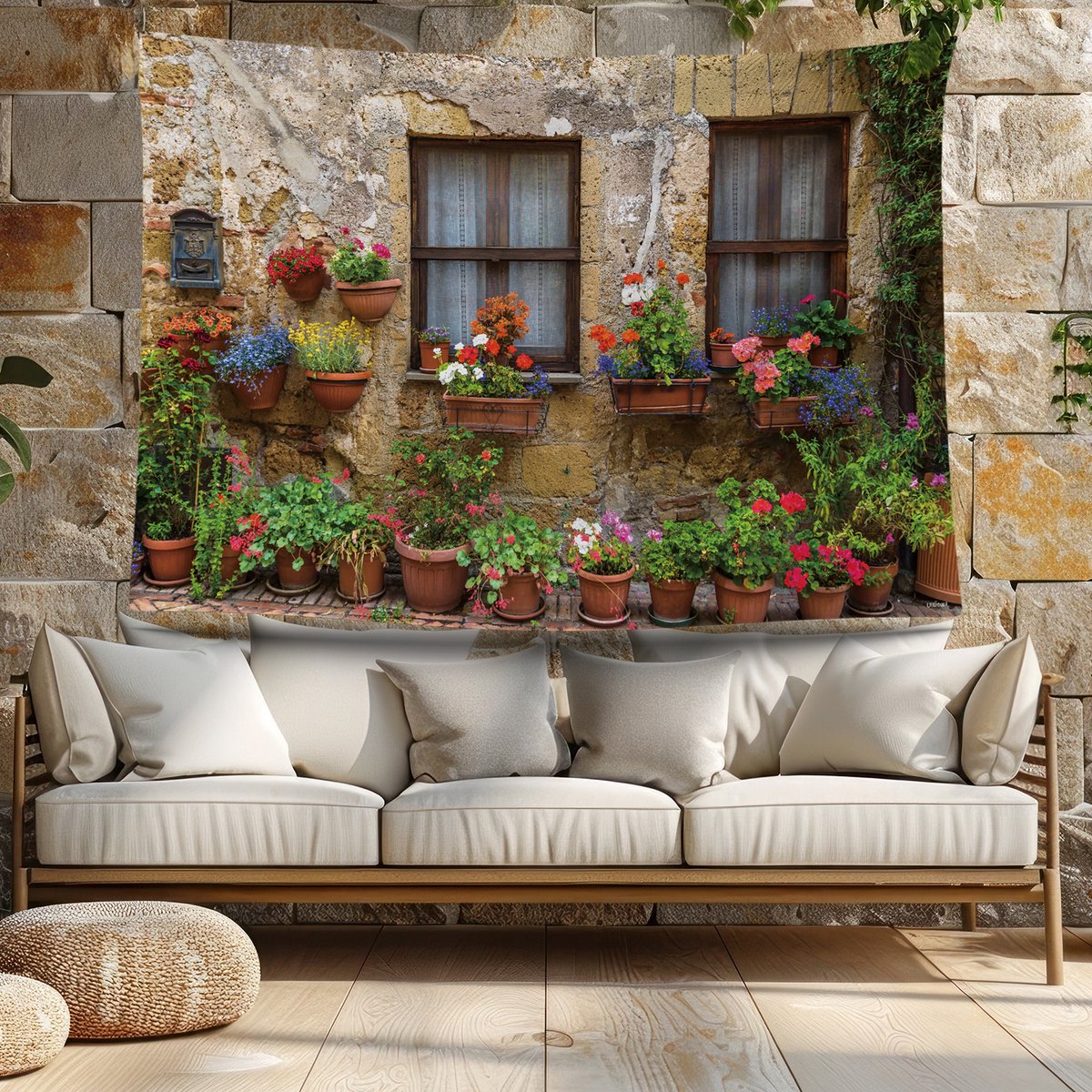 Grande Tapisserie Murale Fenêtre & Plantes - 200 X 150 Cm - Poster Tenture Boho Jardin Salon Décoration Intérieur Extérieur