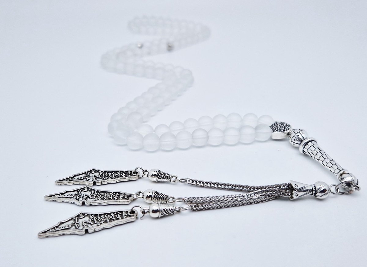 Handgemaakte tesbih "Tasbih" natuursteen "Selenite" - Aantal kralen 99 - Diameter kralen 8MM - met metaal tassel "Palestina" - Een mooi cadeau-idee