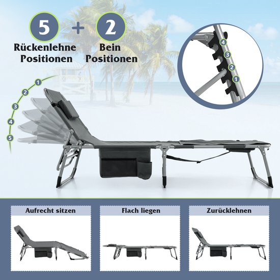 COSTWAY Zonneligstoel met gezichtsopening, opvouwbare ligstoel met verstelbare rugleuning en voetensteun, afneembaar kussen, zijzak, ligstoel voor strand, tuin, balkon, grijs van Costway — afbeelding 4