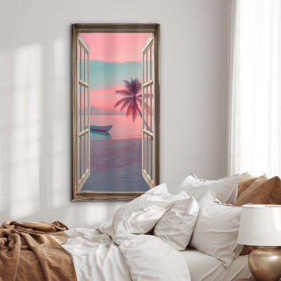 MuchoWow® Glasschilderij 60x120 cm - Schilderij acrylglas - Doorkijk - Strand - Palmboom - Tropisch - Foto op glas - Muurdecoratie woonkamer - Wanddecoratie slaapkamer - Schilderijen