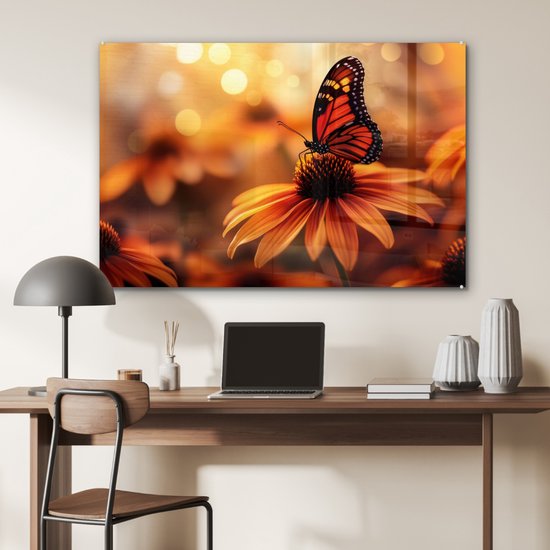 MuchoWow® Tableau sur verre 120x80 cm - Tableau sur verre acrylique - Papillon - Fleurs - Oranje - Photo sur verre - Décoration murale salon - Décoration murale chambre - Peintures