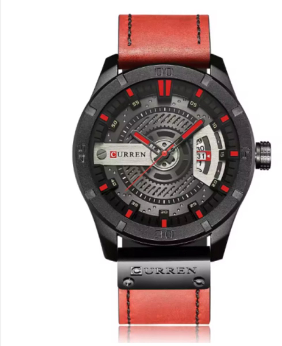 Curren 8301 - Herenhorloge - Quartz - Zilveren Wijzerplaat - Zwarte Kast - Rode Leren Band - 44mm