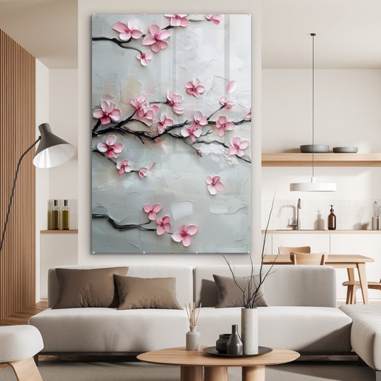 MuchoWow® Peinture sur verre 100x150 cm - Peinture sur verre acrylique - Fleur - Artistique - Rose - Sakura - Photo sur verre - Décoration murale salon - Décoration murale chambre - Peintures