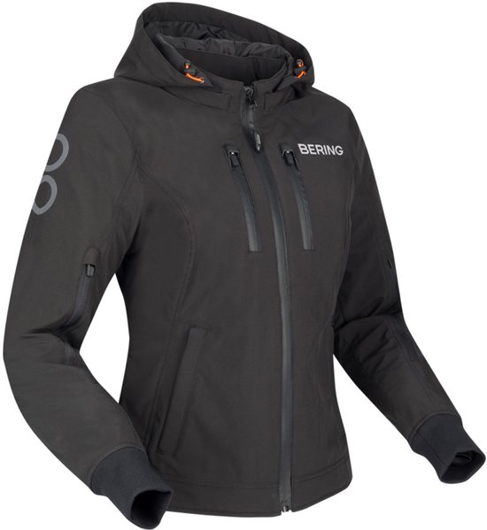Zwarte dames Bering motorjas met capuchon en grijze cirkelprint op de mouw.