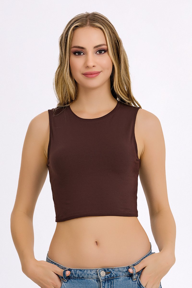 Crop Top Dames en Meisjes ilke® - Mouwloos - Ronde Hals - Bruin - S