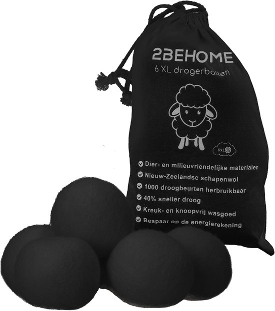 2BEHOME XL Drogerballen Voor Wasdrogers - 6 Stuks - Gemaakt van 100% Nieuw-Zeelandse Schapen Wol - Wasdrogerballen - Eco Droogballen - Droger Ballen - Dryer Balls - Zwart