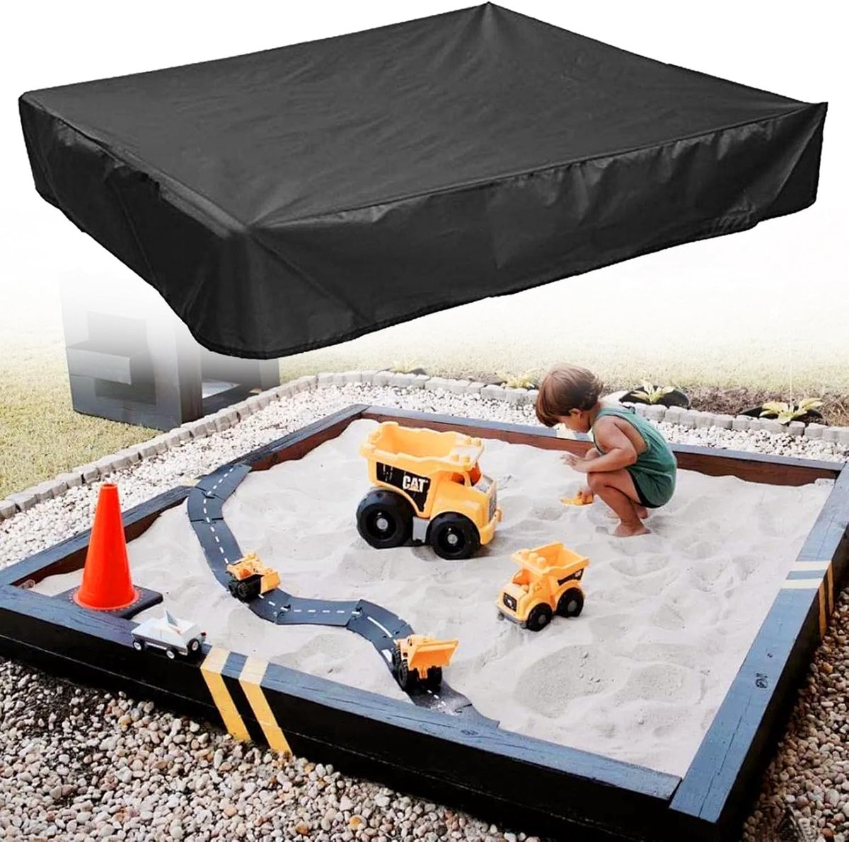 Housse de bac à sable imperméable avec cordon de serrage, noire, 120 x 120 x 20