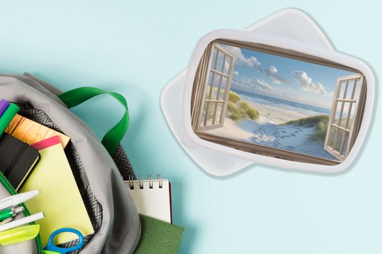 Boîte à pain blanche - Lunchbox Vue - Plage - Fenêtre - Dunes - Mer - Boîte à lunch 18x12x6 cm