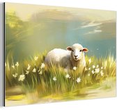 Aluminium schilderij 180x120 cm - Wanddecoratie metaal - Schaap - Weide - Groen - Metalen muurdecoratie woonkamer - Decoratie industrieel - Foto op dibond - Industriële accessoires slaapkamer