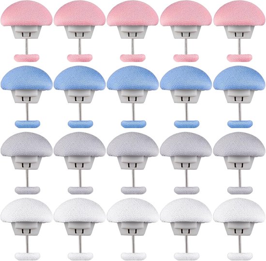 Rijen van 20 dekbedclips in roze, blauw, grijs en wit, elk met een naald.