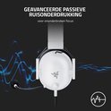 Witte gaming headset met zwarte oorkussens, met blauwe golflijnen op de achtergrond.