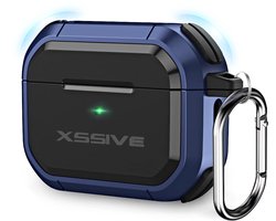 Schokbestendig Hoesje - Geschikt voor Apple AirPods 4 - Hardcase Met Sleutelhanger - Zwart & Donker Blauw