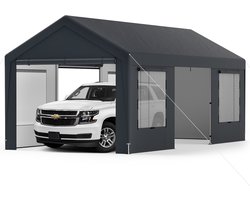 COSTWAY Carport Tentgarage, 595 x 300 cm, garagetent met 8 afneembare zijwanden, roldeuren en geventileerde ramen, weidetent, opslagtent, garageoverkapping voor auto, SUV, vrachtwagen, boot