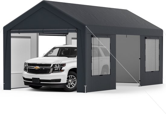 COSTWAY Carport Tentgarage, 595 x 300 cm, garagetent met 8 afneembare zijwanden, roldeuren en geventileerde ramen, weidetent, opslagtent, garageoverkapping voor auto, SUV, vrachtwagen, boot