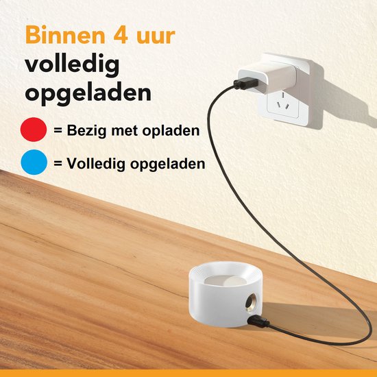Luminize draadloze wandlamp, wit, wordt opgeladen via USB. Rode stip = bezig met opladen, blauwe stip = volledig opgeladen. Binnen 4 uur volledig opgeladen.