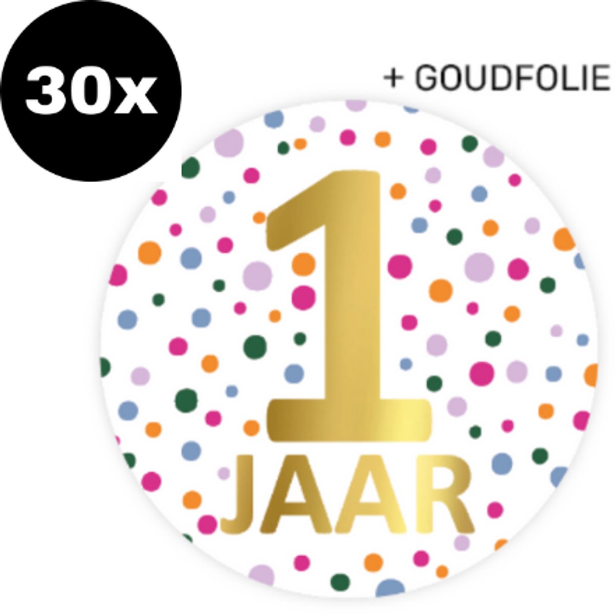30x ZOETTT Sluitsticker Hoera 1 jaar! | Confetti | 50 mm | Traktatiesticker Hoera | Cadeausticker | Sluitzegel | Sluitsticker | Traktatie - Verjaardag - Feest | Kinder traktatie