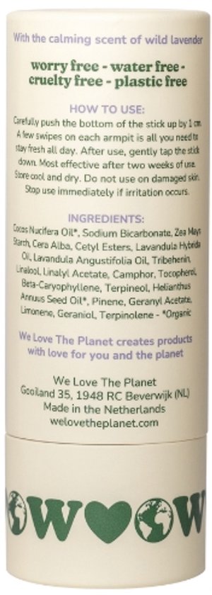 We Love the Planet Original Wild Lavender solid deodorant stick 40GR, ingrediënten en gebruiksaanwijzing.