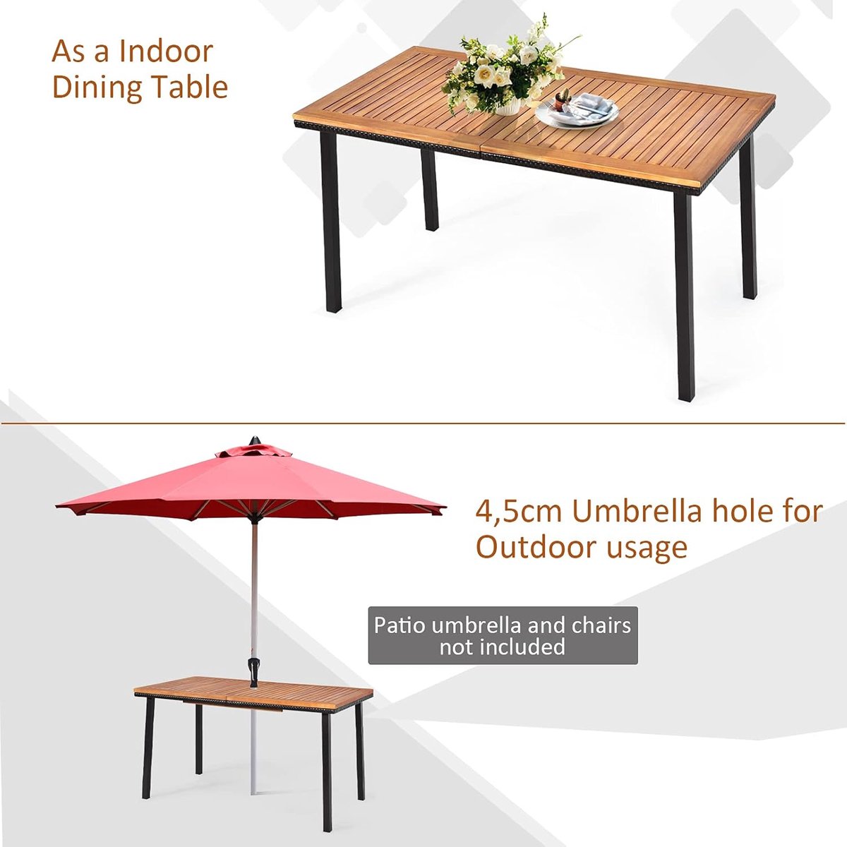 COSTWAY Tuintafel met schermgat, 140 x 75 x 76 cm, eettafel voor 6-8 personen, terrastafel met tafelblad van acaciahout, rechthoekige houten tafel met metalen frame thumbnail 2