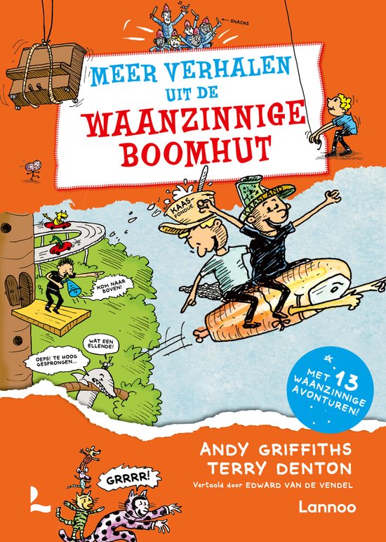Boekcover met titel 'Meer verhalen uit de waanzinnige boomhut'. Twee jongens vliegen op een wortel. Een boomhut met dieren en mensen.