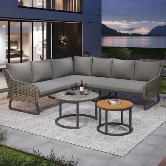 Tuinmeubelset voor 6-7 personen, loungeset voor buiten, rotan ambacht, met twee tafels, met gegalvaniseerd ijzeren frame, verstelbare poten, inclusief alle zit- en rugkussens, grijs