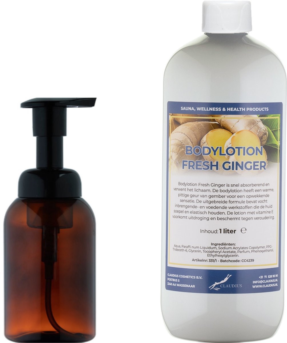 Zeepdispenser 300 ml amber bruin hervulbaar + 1 Liter Bodylotion Fresh Ginger navulling