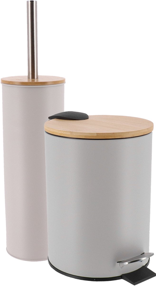 Tendance Badkamerset prullenbak en toiletborstel - Bamboo vibe - soft close - licht grijs - 3 liter - metaal
