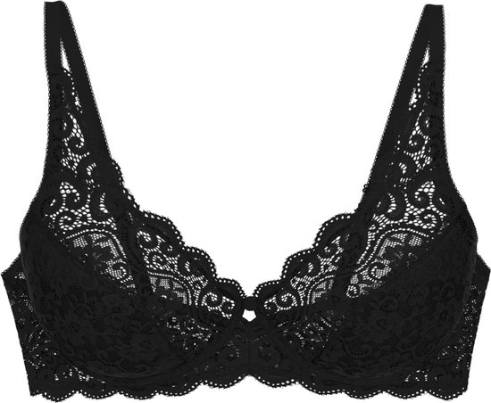 Soutien-gorge noir en dentelle avec bord festonné et motif floral.