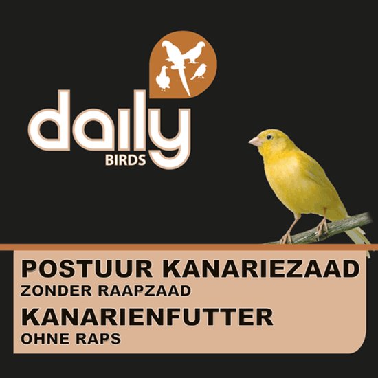 Gele kanarie op een tak, met "daily BIRDS POSTUUR KANARIEZAAD ZONDER RAAPZAAD KANARIEFUITER" tekst.