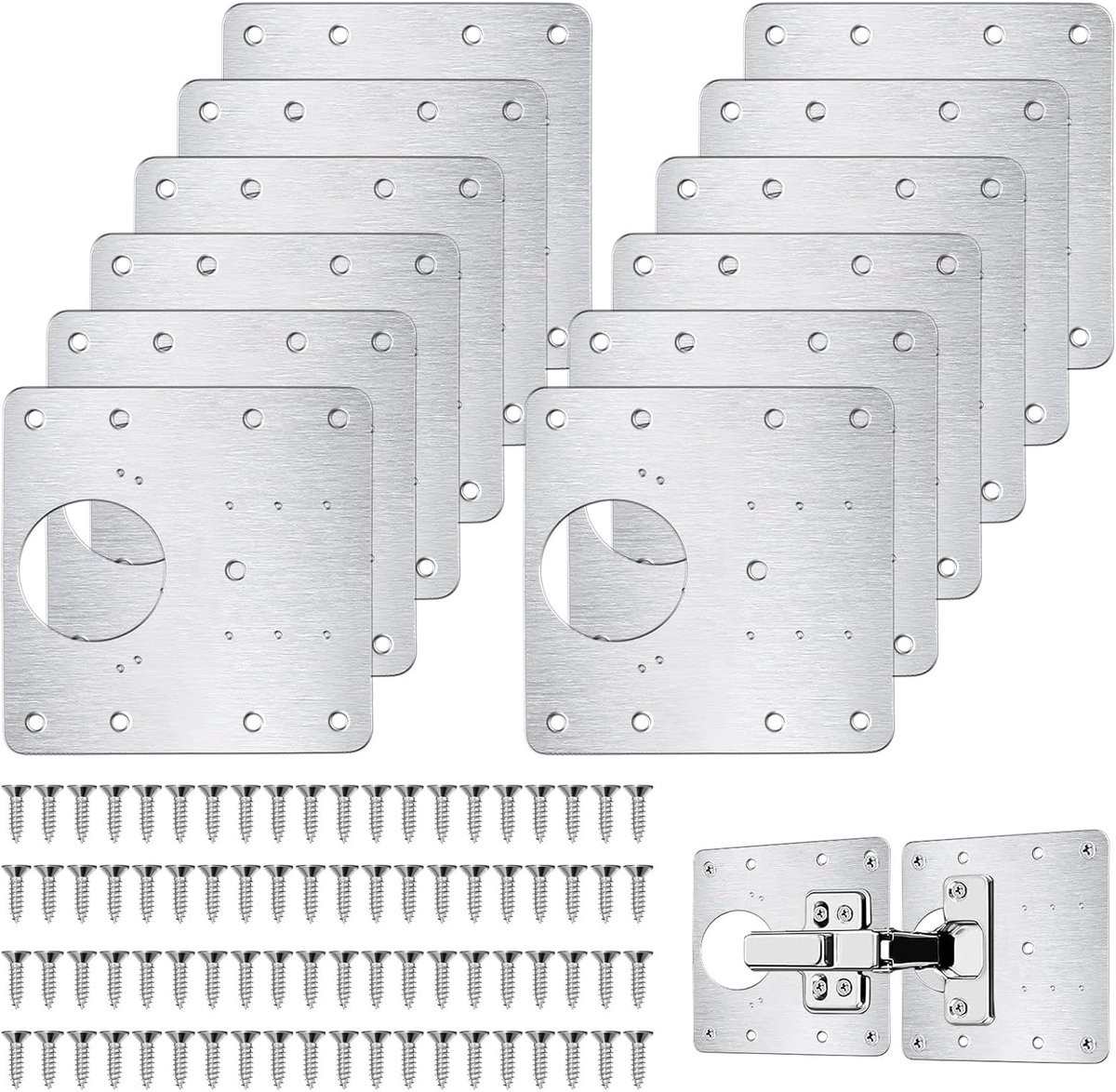 Famanu - Roestvrijstalen scharnierreparatieplaat, 12 stuks, keukenscharnier, reparatieplaten met 80 stuks schroeven, 9 x 9 cm, keukenscharnier, reparatieset, deur, kast, woonmeubel, lade, kisten,