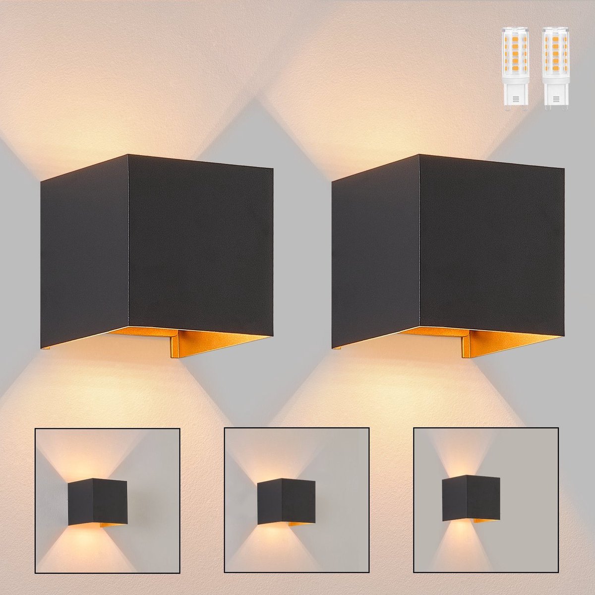 NETTLIFE Wandlamp 2 stuks - G9 - zwart goud - voor binnen en buiten - buitenwandlampen - 3000K warm wit - IP65 wandspot - voor huis | muur | trap | hal