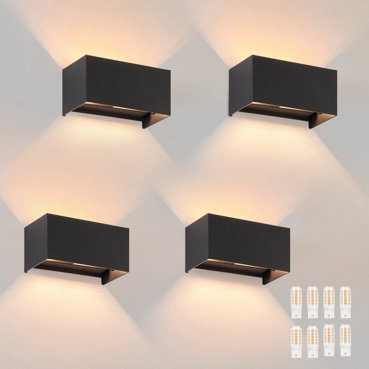 NETTLIFE Wandlamp LED - zwart - 4 stuks - moderne - 3000K warm wit - 2xG9 - voor binnen en buiten - IP65 buitenwandlampen - voor trap | gang