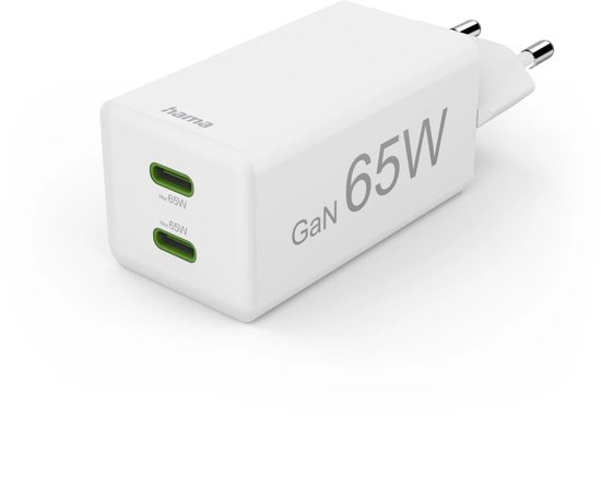 Snellader GaN, 2x USB-C, PD/Qualcomm®, mini-oplader, 65 W, wit