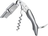 Zilverkleurige kurkentrekker van roestvrij staal met geruit handvat en een kurkentrekker.